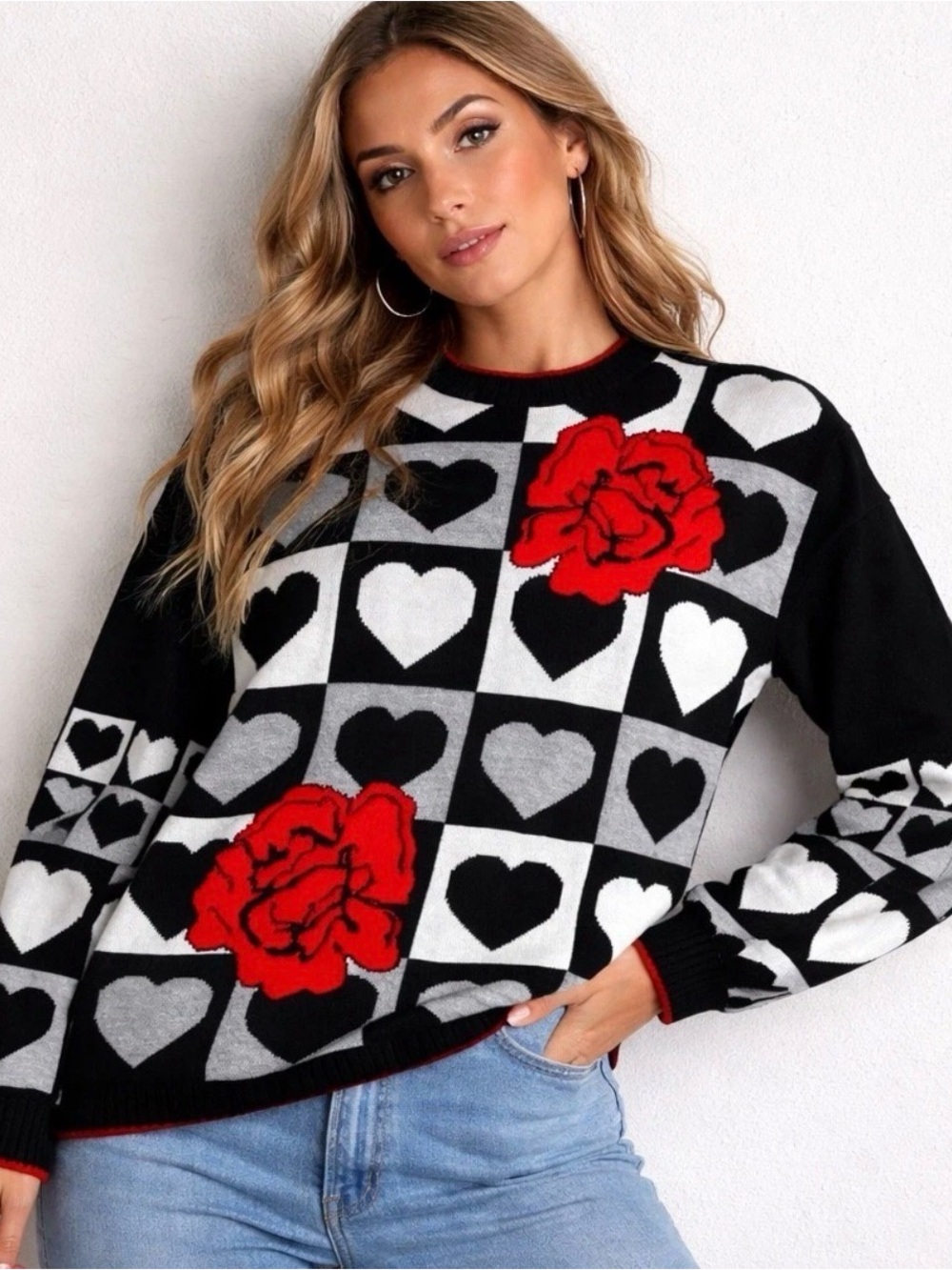 Vintage Traffic Jam black white red roses oversized Pullover Sweater Crewneck